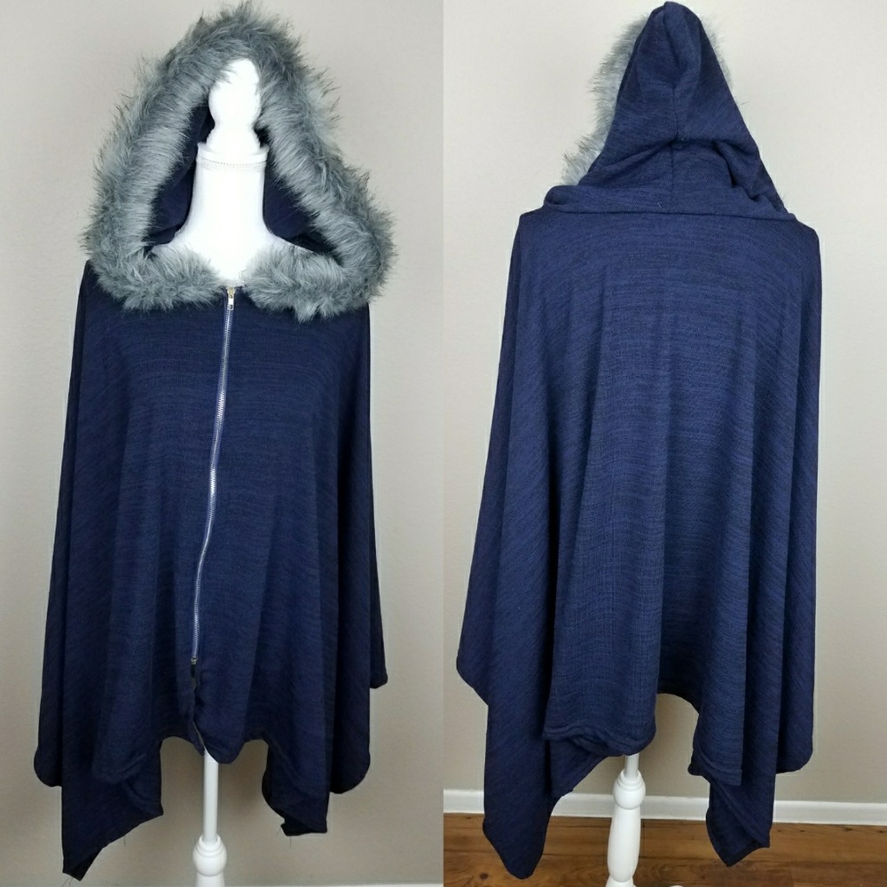 Navy Blue Fur Hooded Cape Poncho Winter Style L - Picture 8 of 8